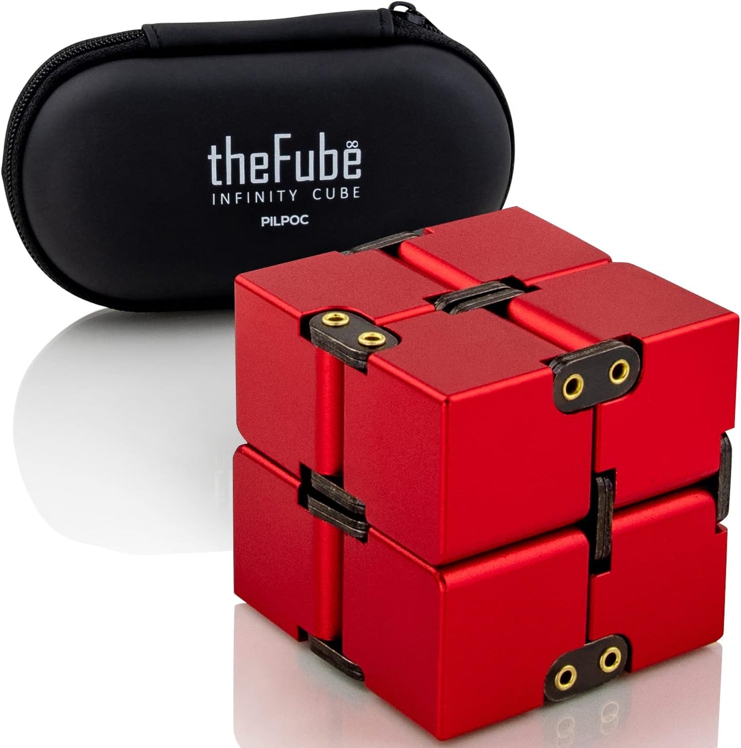 Thefube Infinity Cube Fidget Desk Toy - Premium Quality Aluminum Infinite Magic Cube with Exclusive Case, Sturdy, Heavy, Relieve Stress and Anxiety, for ADD, ADHD, OCD (Red)