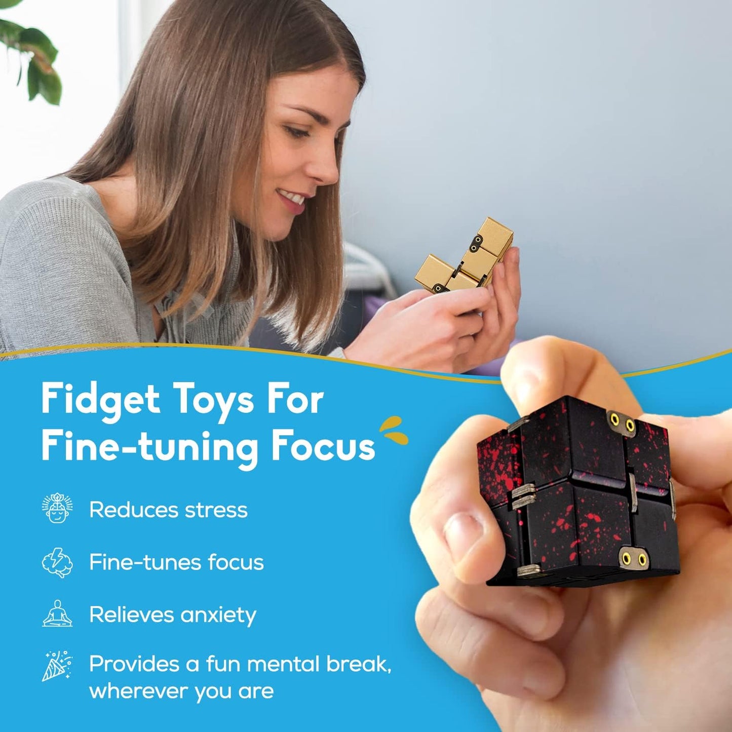 Thefube Infinity Cube Fidget Desk Toy - Premium Quality Aluminum Infinite Magic Cube with Exclusive Case, Sturdy, Heavy, Relieve Stress and Anxiety, for ADD, ADHD, OCD (Red)