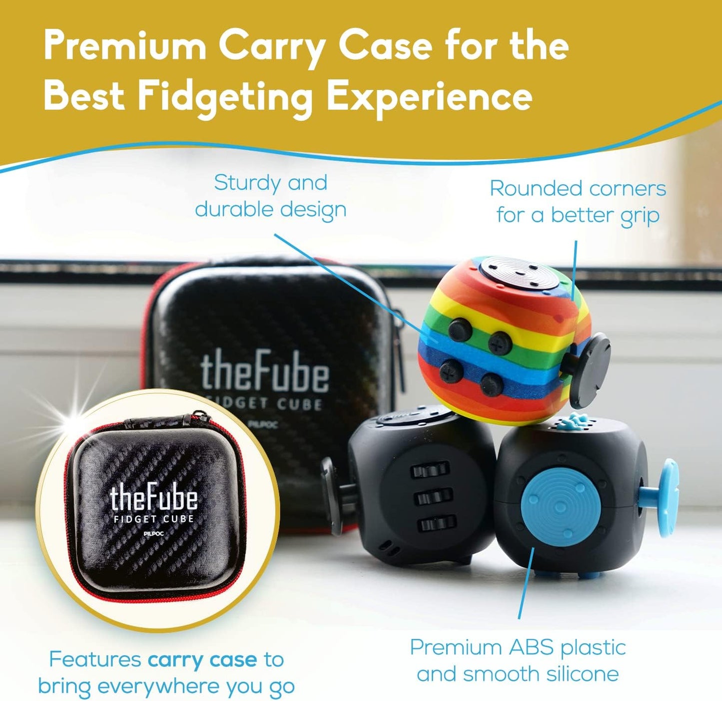 Thefube Fidget Cube - Deluxe Authentic Fidget Toys for Adults & Kids - Premium Protective Case, Stress Cube, Anxiety Toys, ADHD, OCD, Autism. Quiet Sides & Fidget Clicker Toy (Black)