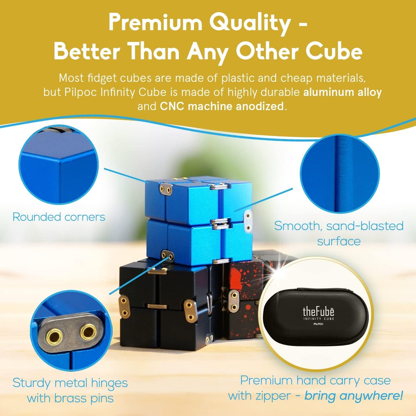 Thefube Infinity Cube Fidget Desk Toy - Premium Quality Aluminum Infinite Magic Cube with Exclusive Case, Sturdy, Heavy, Relieve Stress and Anxiety, for ADD, ADHD, OCD (Red)